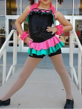 Weissman Black Dance Costume with Pink and Green Ruffles